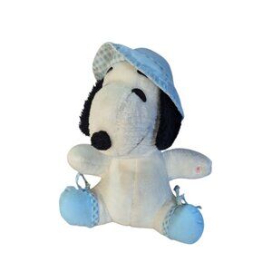 Vintage Determined Snoopy Plush Baby Blue Hat‎ Booties Peanuts 8" stuffed animal